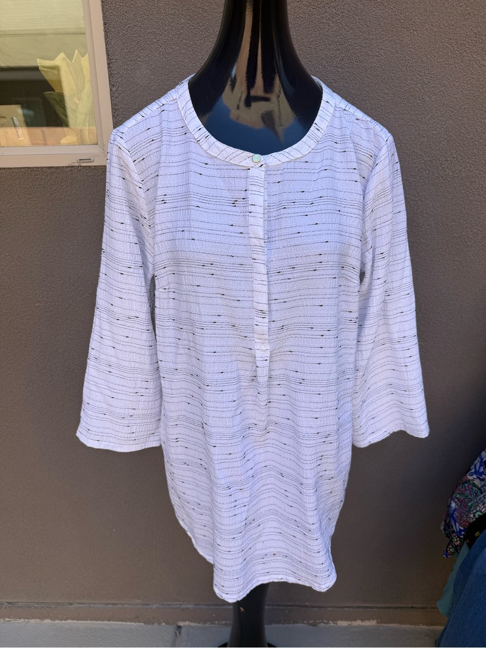 Liz Claiborne Boho White Textured Woven Stripe Blouse Top SZ L